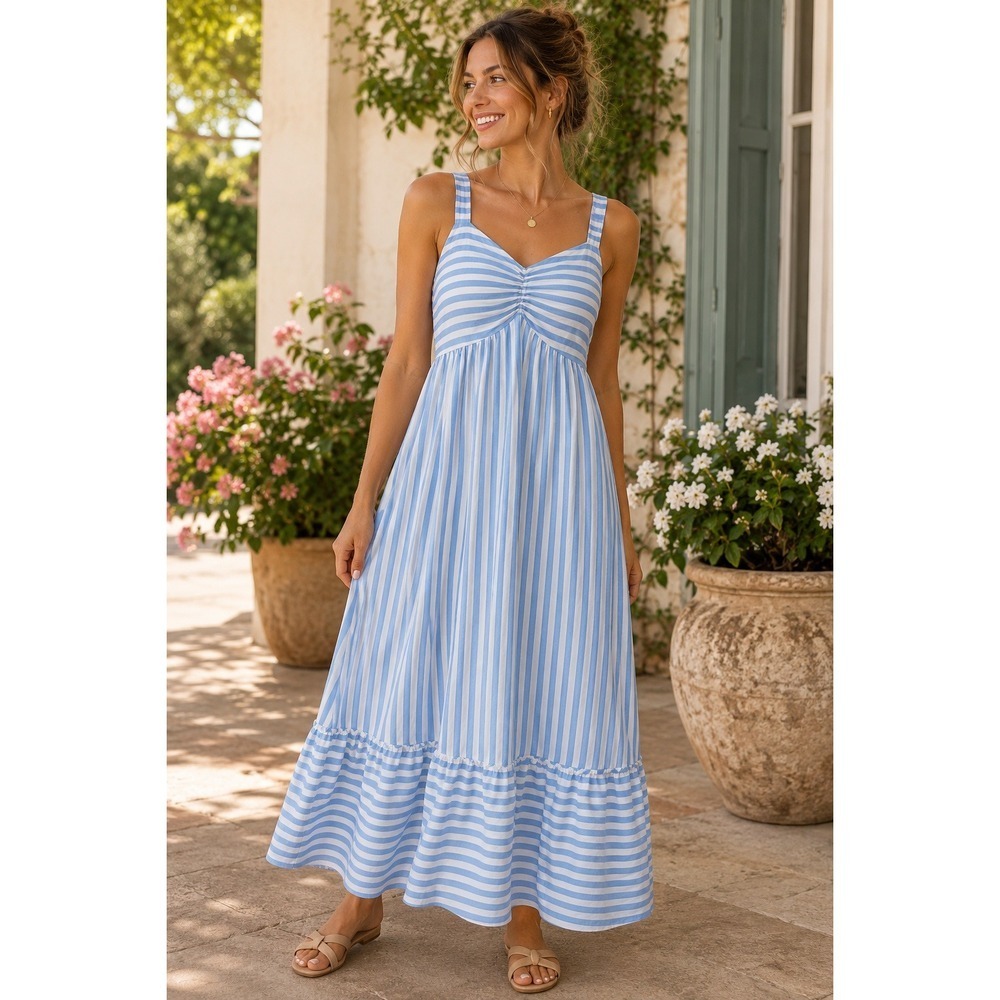 Unbranded Striped Tiered Maxi Dress Women M Blue Smocked Back Ruffle Hem Coastal